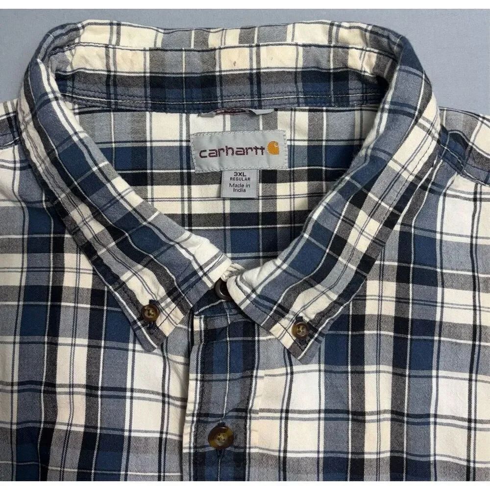 Carhartt Men's 3XL Relaxed Fit Plaid Short Sleeve Shirt Tan Blue